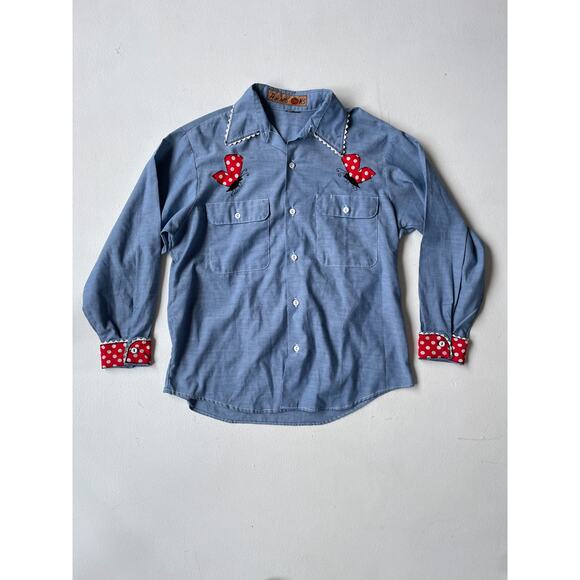 Vtg 70's Holly Hobbie Chambray Button Up Shirt Applique Butterfly Cottagecore - Picture 2 of 8